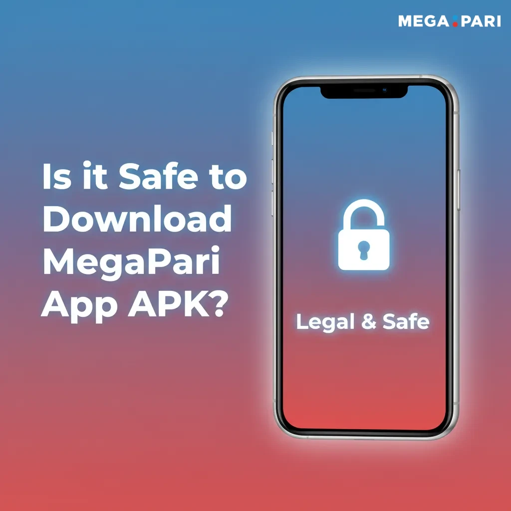 MegaPari app on smartphone with padlock, SSL shield, and fingerprint icons, signaling secure, licensed APK download.