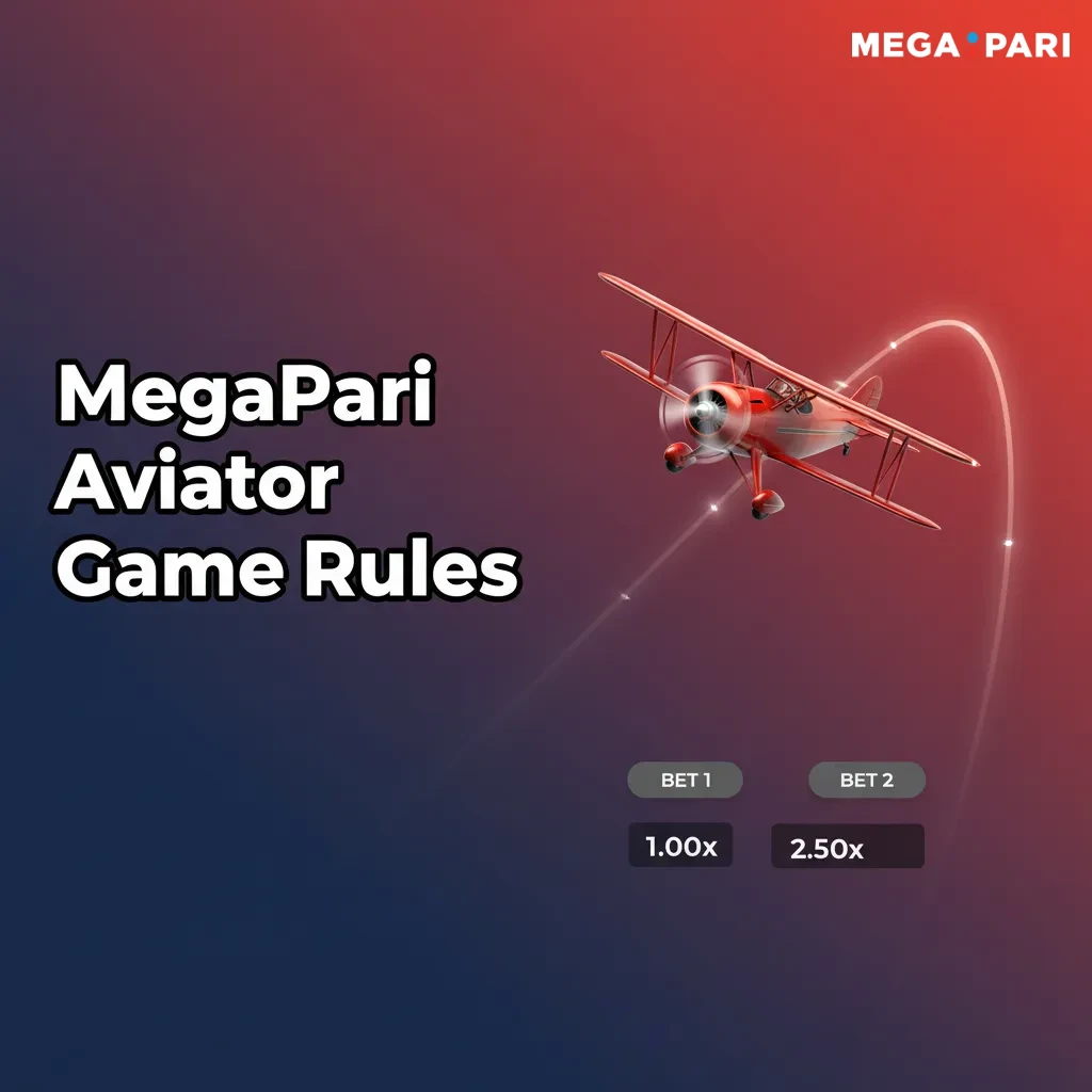 MegaPari Aviator screen: red plane, rising multiplier; bet before start, cash out before crash; one or two bets; auto options