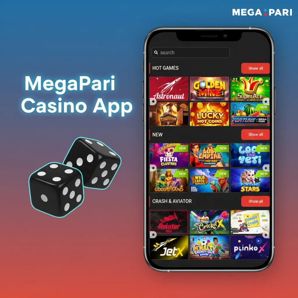 MegaPari Casino app UI showing Sports/Casino switch, live dealer Baccarat, Blackjack, Roulette, slots, and Promotions tab.