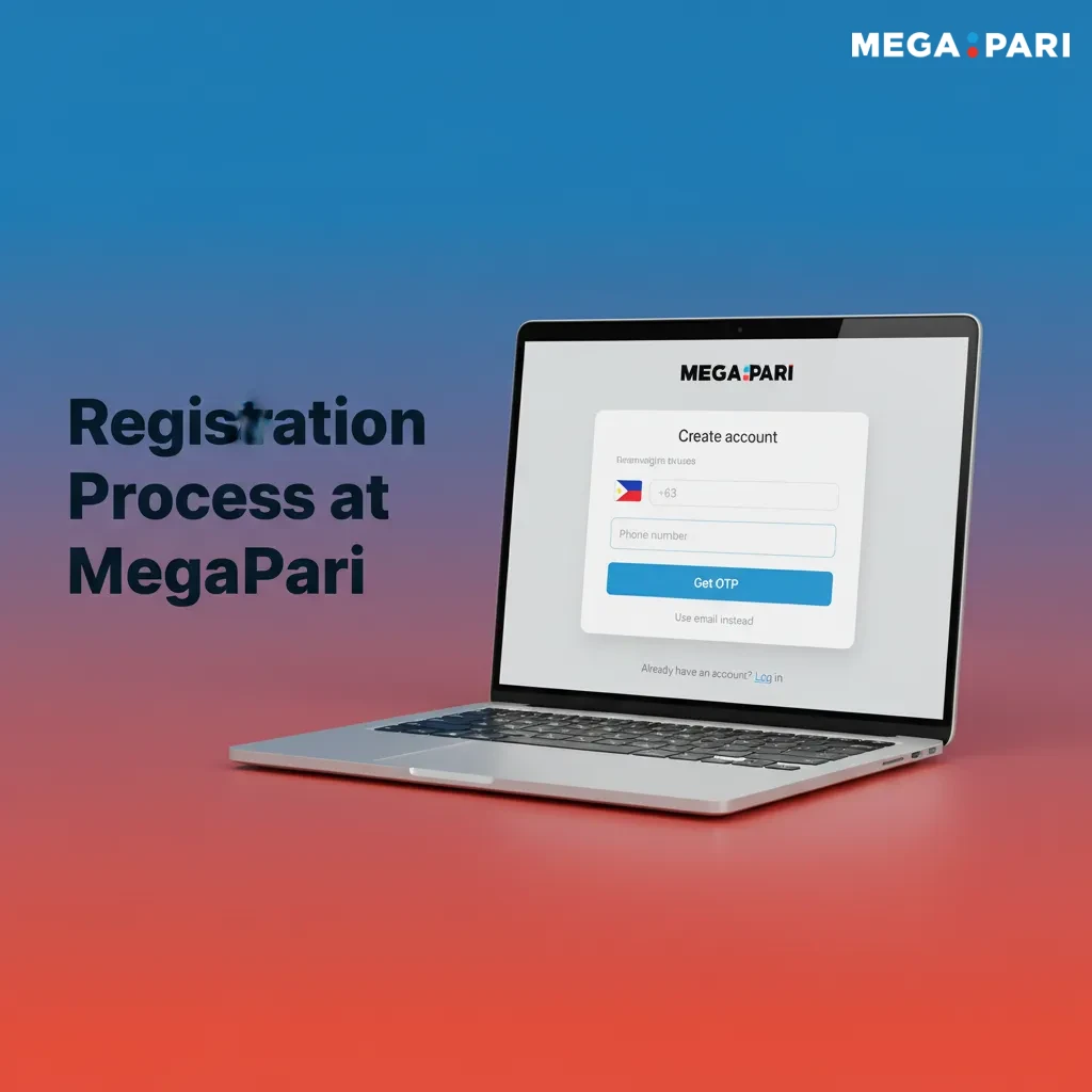 MegaPari sign-up: tap Sign Up; choose email/phone/social; enter name & PHP; set password, confirm 21+; verify email/SMS.