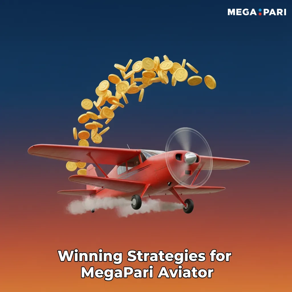 Graphic of MegaPari Aviator: rising red plane, tip icons for start small, two bets, auto cashout, tracking, and breaks.