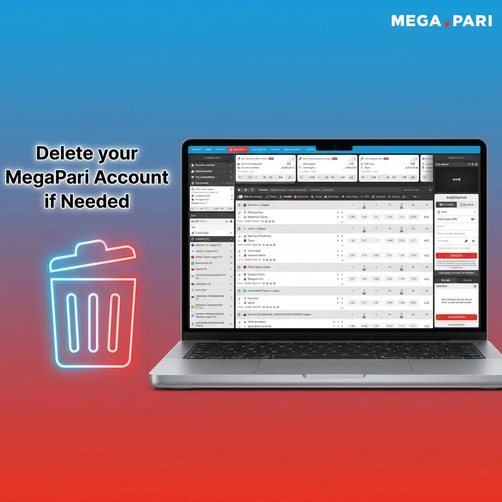 MegaPari account deletion settings screen showing close account option in user profile menu