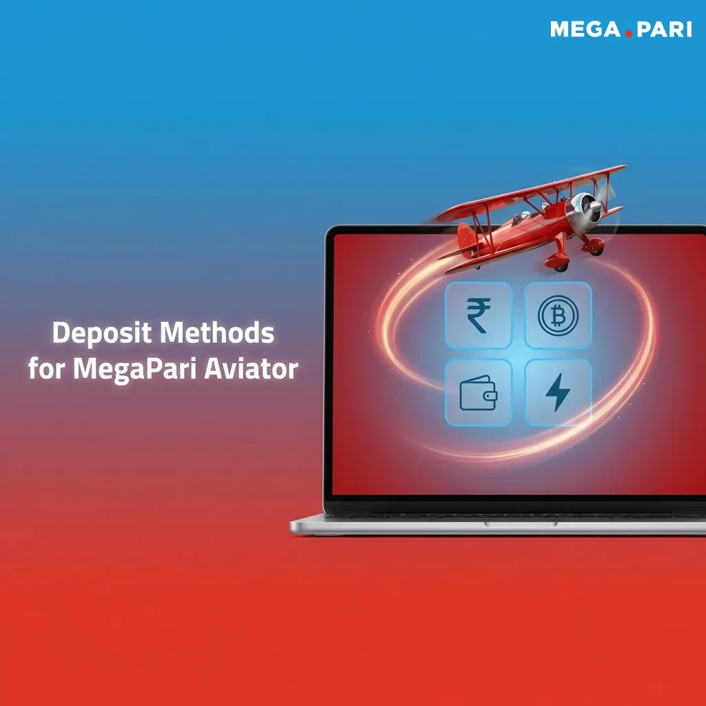 Multiple payment method icons including UPI, cards, e-wallets, and crypto for MegaPari Aviator deposits in India
