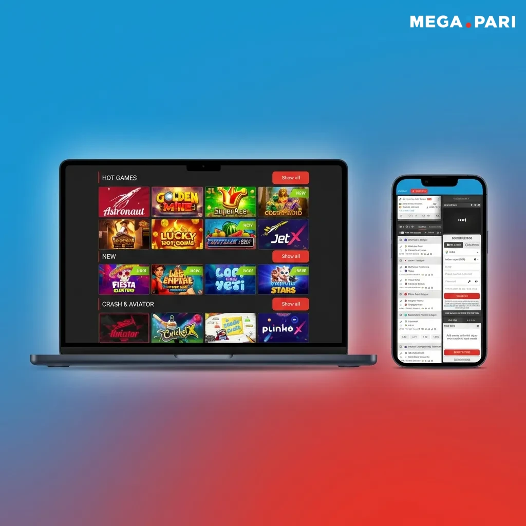 MegaPari website showing top navigation with Sports, Live, Casino tabs, left sidebar filters, and right bet slip panel