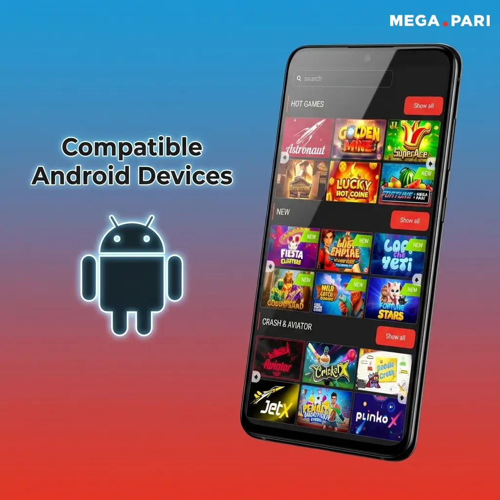 List of popular Android smartphone models compatible with MegaPari app including Samsung, Xiaomi, Realme, and other brands