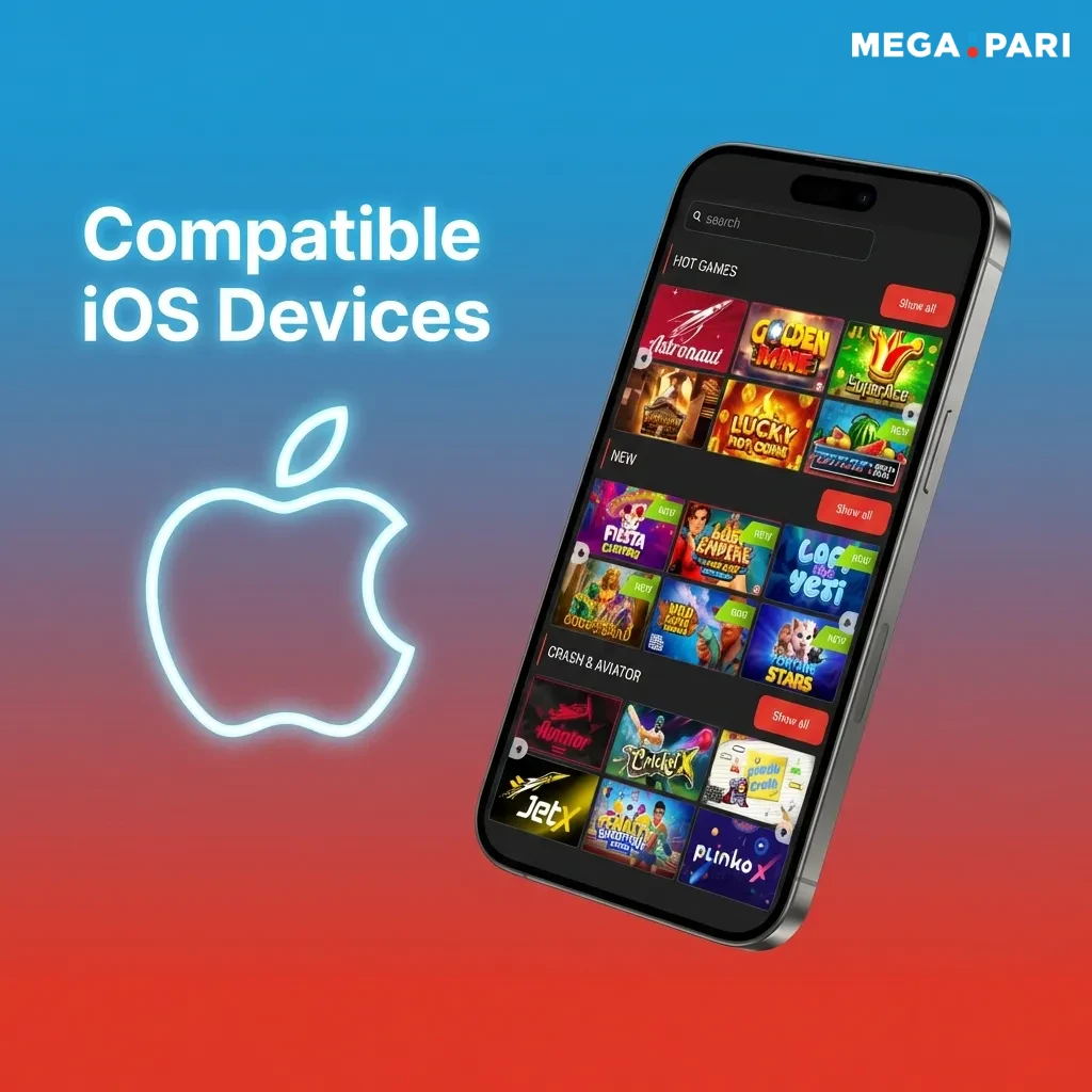 List of compatible iOS devices for MegaPari app including iPhone X through 15 series and iPad models