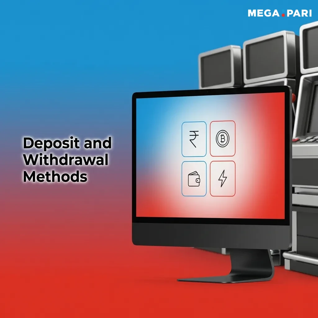 Indian payment methods including UPI apps, bank transfers, cards, e-wallets, and cryptocurrencies for deposits and withdrawals