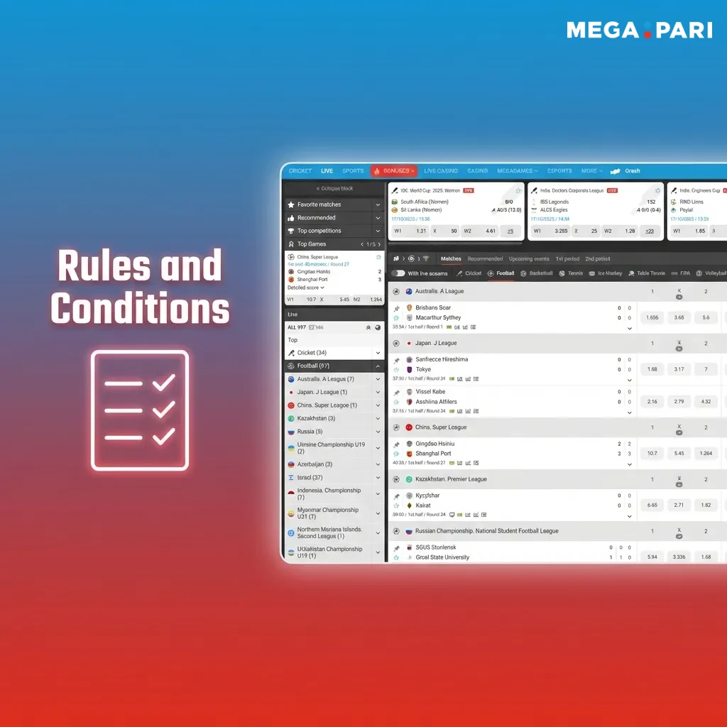Platform terms and conditions page showing age requirements, account rules, payment policies, and bonus restrictions.