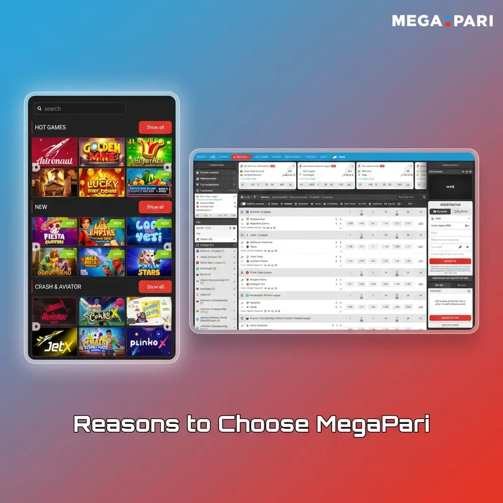 MegaPari benefits infographic showing UPI deposits, dual bonuses, live streaming, Hindi support, and crypto withdrawals